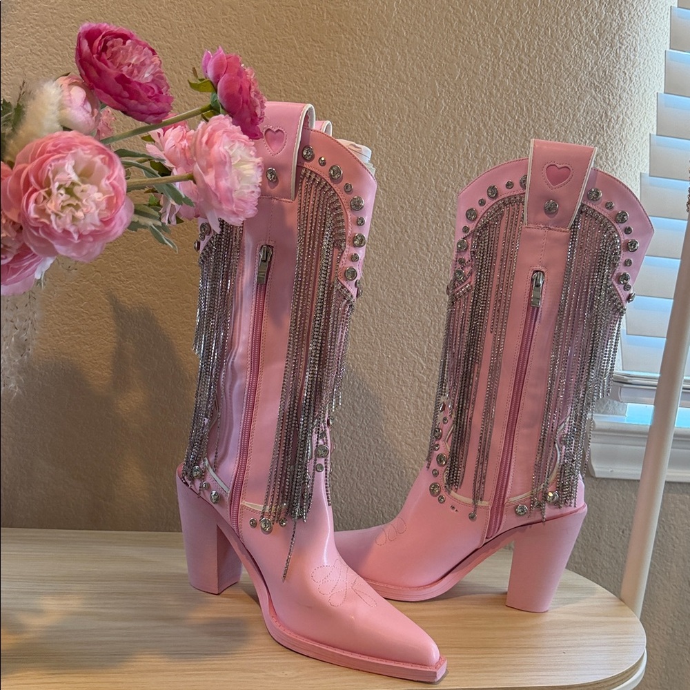 Dolls Kill Pink Western Rhinestone Fringe Boots
